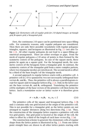 14                                         2 Continuous and Digital Signals

a                             b                       c

b2                            b2                       b2




       b1                               b1                   b1

Figure 2.2: Elementary cells of regular grids for 2-D digital images: a triangle
grid, b square grid, c hexagonal grid.


    First, the continuous 2-D space can be partitioned into space-ﬁlling
cells. For symmetry reasons, only regular polygons are considered.
Then there are only three possible tesselations with regular polygons:
triangles, squares, and hexagons as illustrated in Fig. 2.1 (see also Ta-
ble 2.2). All other regular polygons do not lead to a space-ﬁlling ge-
ometrical arrangement. There are either overlaps or gaps. From the
mesh of regular polygons a 2-D array of points is then formed by the
symmetry centers of the polygons. In case of the square mesh, these
points lie again on a square grid. For the hexagonal mesh, the sym-
metry centers of the hexagons form a triangular grid. In contrast, the
symmetry centers of the triangular grid form a more complex pattern,
where two triangular meshes are interleaved. The second mesh is oﬀset
by a third of the base length l of the triangular mesh.
    A second approach to regular lattices starts with a primitive cell. A
primitive cell in 2-D is spanned by two not necessarily orthogonal base
vectors b1 and b2 . Thus, the primitive cell is always a parallelogram ex-
cept for square and rectangular lattices (Fig. 2.2). Only in the latter case
are the base vectors b1 and b2 orthogonal. Translating the primitive
cell by multiples of the base vectors of the primitive cell then forms the
lattice. Such a translation vector or lattice vector r is therefore given
by

                       r = n1 b1 + n2 b2     n 1 , n2 ∈ Z                  (2.6)

   The primitive cells of the square and hexagonal lattices (Fig. 2.2b
and c) contains only one grid located at the origin of the primitive cell.
This is not possible for a triangular grid, as the lattice points are not
arranged in regular distances along two directions (Fig. 2.1a). Thus,
the construction of the triangular lattice requires a primitive cell with
two grid points. One grid point is located at the origin of the cell, the
other is oﬀset by a third of the length of each base vector (Fig. 2.2a)
   The construction scheme to generate the elementary cells of regular
shape from the lattice points is illustrated in Fig. 2.3. From one lattice
point straight lines are drawn to all other lattice points starting with
 