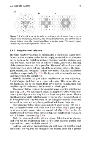 2.3 Discrete signals                                                                                          19

     a
                                      b                       c
                      5               5       4   3   4   5                                           4
                                                                      4       3       2       3
              4       3       4
         5        2       2       5   4       2   1   2   4       4       2       1       1       2       4

          4       1       1       4   3       1       1   3           3       1               1       3
              2               2
              3       1       3       4       2   1   2   4       4       2       1       1       2       4
         5        2       2       5
                                          5   4   3   4   5           4       3       2       3       4
                  4 5 4


Figure 2.5: Classiﬁcation of the cells according to the distance from a given
cell for the a triangular, b square, and c hexagonal lattices. The central cell is
shaded in light gray, the nearest neighbors in darker gray. The numbers give
the ranking in distance from the central cell.


2.3.5 Neighborhood relations

The term neighborhood has no meaning for a continuous signal. How
far two points are from each other is simply measured by an adequate
metric such as the Euclidean distance function and this distance can
take any value. With the cells of a discrete signal, however, a ranking
of the distance between cells is possible. The set of cells with the small-
est distance to a given cell are called the nearest neighbors. The trian-
gular, square, and hexagonal lattices have three, four, and six nearest
neighbors, respectively (Fig. 2.5). The ﬁgure indicates also the ranking
in distance from the central cell.
    Directly related to the question of neighbors is the term adjacency.
A digital object is deﬁned as a connected region. This means that we
can reach any cell in the region from any other by walking from one
neighboring cell to the next. Such a walk is called a path.
    On a square lattice there are two possible ways to deﬁne neighboring
cells (Fig. 2.5b). We can regard pixels as neighbors either when they
have a joint edge or when they have at least one joint corner. Thus a
pixel has four or eight neighbors and we speak of a 4-neighborhood or
an 8-neighborhood. The deﬁnition of the 8-neighborhood is somewhat
awkward, as there are neighboring cells with diﬀerent distances.
    The triangular lattice shows an equivalent ambivalence with the 3-
and 12-neighborhoods with cells that have either only a joint edge
or at least a joint corner with the central cell (Fig. 2.5a). In the 12-
neighborhood there are three diﬀerent types of neighboring cells, each
with a diﬀerent distance (Fig. 2.5a).
    Only the hexagonal lattice gives a unique deﬁnition of neighbors.
Each cell has six neighboring cells at the same distance joining one
edge and two corners with the central cell.
    A closer look shows that unfortunately both types of neighborhood
deﬁnitions are required on triangular and square grids for a proper
 