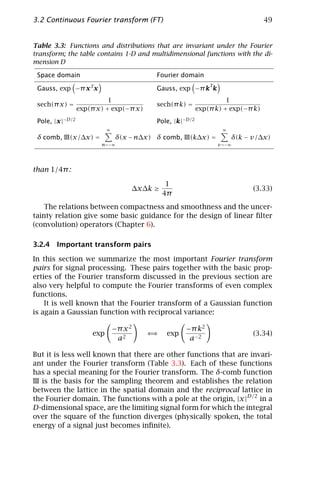 3.2 Continuous Fourier transform (FT)                                              49


Table 3.3: Functions and distributions that are invariant under the Fourier
transform; the table contains 1-D and multidimensional functions with the di-
mension D

 Space domain                               Fourier domain
                      T                                         T
 Gauss, exp −π x x                          Gauss, exp −π k k
                            1                                         1
 sech(π x) =                                sech(π k) =
                  exp(π x) + exp(−π x)                      exp(π k) + exp(−π k)
 Pole, |x |−D/2                             Pole, |k|−D/2
                            ∞                                        ∞

 δ comb, III(x/∆x) =             δ(x − n∆x) δ comb, III(k∆x) =           δ(k − v/∆x)
                          n=−∞                                      v =−∞




than 1/4π :

                                                1
                                      ∆x∆k ≥                                   (3.33)
                                               4π
    The relations between compactness and smoothness and the uncer-
tainty relation give some basic guidance for the design of linear ﬁlter
(convolution) operators (Chapter 6).

3.2.4 Important transform pairs

In this section we summarize the most important Fourier transform
pairs for signal processing. These pairs together with the basic prop-
erties of the Fourier transform discussed in the previous section are
also very helpful to compute the Fourier transforms of even complex
functions.
    It is well known that the Fourier transform of a Gaussian function
is again a Gaussian function with reciprocal variance:

                                −π x 2                −π k2
                      exp                 ⇐⇒   exp                             (3.34)
                                 a2                    a− 2

But it is less well known that there are other functions that are invari-
ant under the Fourier transform (Table 3.3). Each of these functions
has a special meaning for the Fourier transform. The δ-comb function
III is the basis for the sampling theorem and establishes the relation
between the lattice in the spatial domain and the reciprocal lattice in
the Fourier domain. The functions with a pole at the origin, |x |D/2 in a
D-dimensional space, are the limiting signal form for which the integral
over the square of the function diverges (physically spoken, the total
energy of a signal just becomes inﬁnite).
 