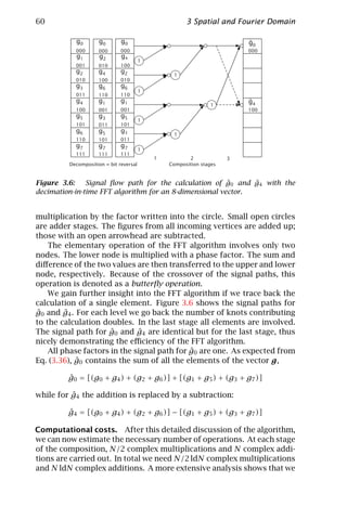 60                                                    3 Spatial and Fourier Domain

           g0        g0       g0                                         ^
                                                                         g0
           000       000      000                                        000
           g1        g2       g4
                                        1
           001       010      100
           g2        g4       g2
                                                 1
           010       100      010
           g3        g6       g6
                                        1
           011       110      110
           g4        g1       g1                                         ^
                                                                         g4
                                                               1
           100       001      001                                        100
           g5        g3       g5
                                        1
           101       011      101
           g6        g5       g3                 1
           110       101      011
           g7        g7       g7
                                        1
           111       111      111
                                            1          2             3
         Decomposition = bit reversal           Composition stages


Figure 3.6:                                             ˆ     ˆ
               Signal ﬂow path for the calculation of g0 and g4 with the
decimation-in-time FFT algorithm for an 8-dimensional vector.


multiplication by the factor written into the circle. Small open circles
are adder stages. The ﬁgures from all incoming vertices are added up;
those with an open arrowhead are subtracted.
    The elementary operation of the FFT algorithm involves only two
nodes. The lower node is multiplied with a phase factor. The sum and
diﬀerence of the two values are then transferred to the upper and lower
node, respectively. Because of the crossover of the signal paths, this
operation is denoted as a butterﬂy operation.
    We gain further insight into the FFT algorithm if we trace back the
calculation of a single element. Figure 3.6 shows the signal paths for
ˆ        ˆ
g0 and g4 . For each level we go back the number of knots contributing
to the calculation doubles. In the last stage all elements are involved.
                     ˆ        ˆ
The signal path for g0 and g4 are identical but for the last stage, thus
nicely demonstrating the eﬃciency of the FFT algorithm.
                                             ˆ
    All phase factors in the signal path for g0 are one. As expected from
            ˆ
Eq. (3.36), g0 contains the sum of all the elements of the vector g,

         ˆ
         g0 = [(g0 + g4 ) + (g2 + g6 )] + [(g1 + g5 ) + (g3 + g7 )]

          ˆ
while for g4 the addition is replaced by a subtraction:

         ˆ
         g4 = [(g0 + g4 ) + (g2 + g6 )] − [(g1 + g5 ) + (g3 + g7 )]

Computational costs. After this detailed discussion of the algorithm,
we can now estimate the necessary number of operations. At each stage
of the composition, N/2 complex multiplications and N complex addi-
tions are carried out. In total we need N/2 ldN complex multiplications
and N ldN complex additions. A more extensive analysis shows that we
 