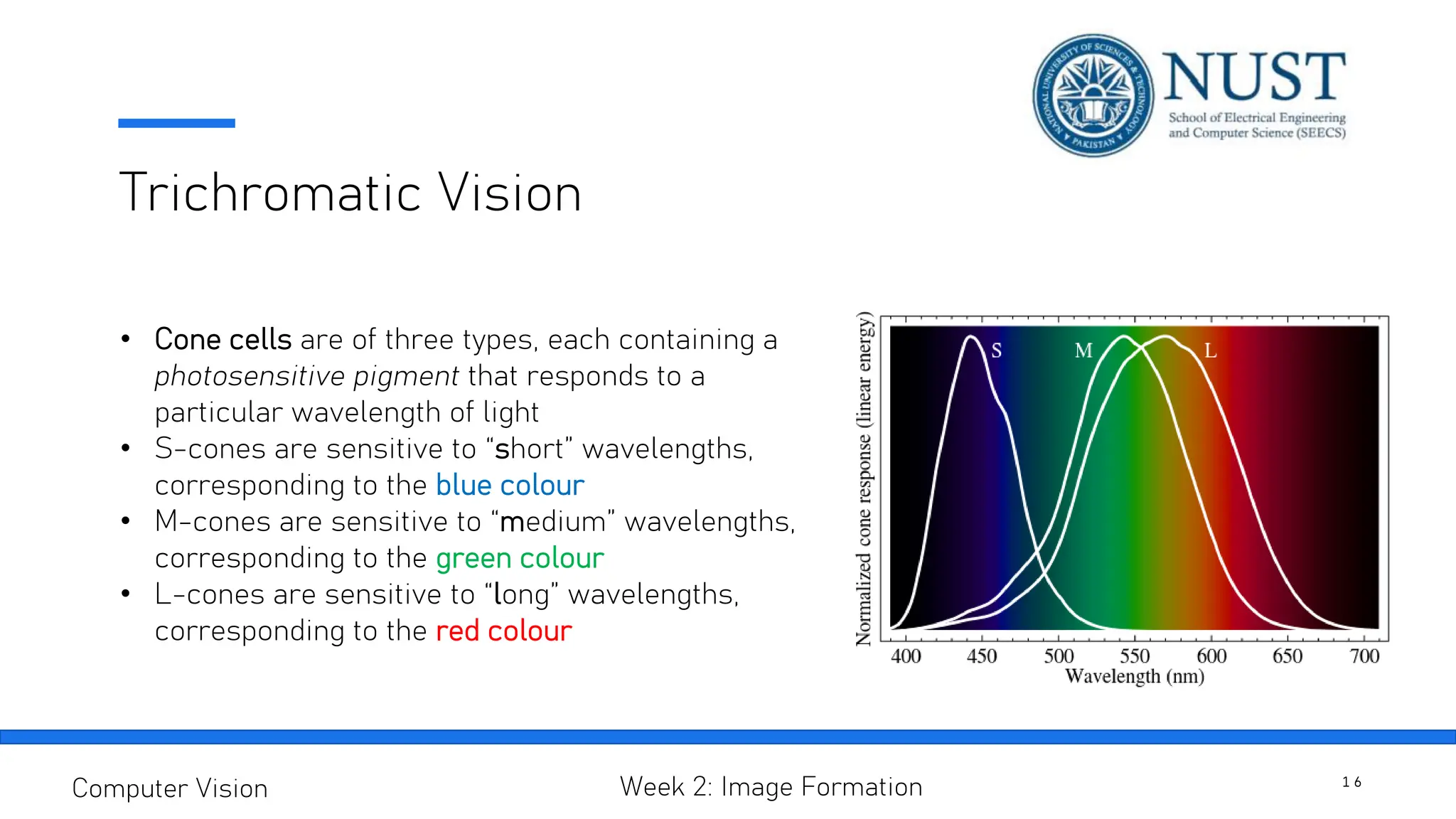 Trichromatic Vision
1 6
Computer Vision Week 2: Image Formation
• Cone cells are of three types, each containing a
photosensitive pigment that responds to a
particular wavelength of light
• S-cones are sensitive to “short” wavelengths,
corresponding to the blue colour
• M-cones are sensitive to “medium” wavelengths,
corresponding to the green colour
• L-cones are sensitive to “long” wavelengths,
corresponding to the red colour
 