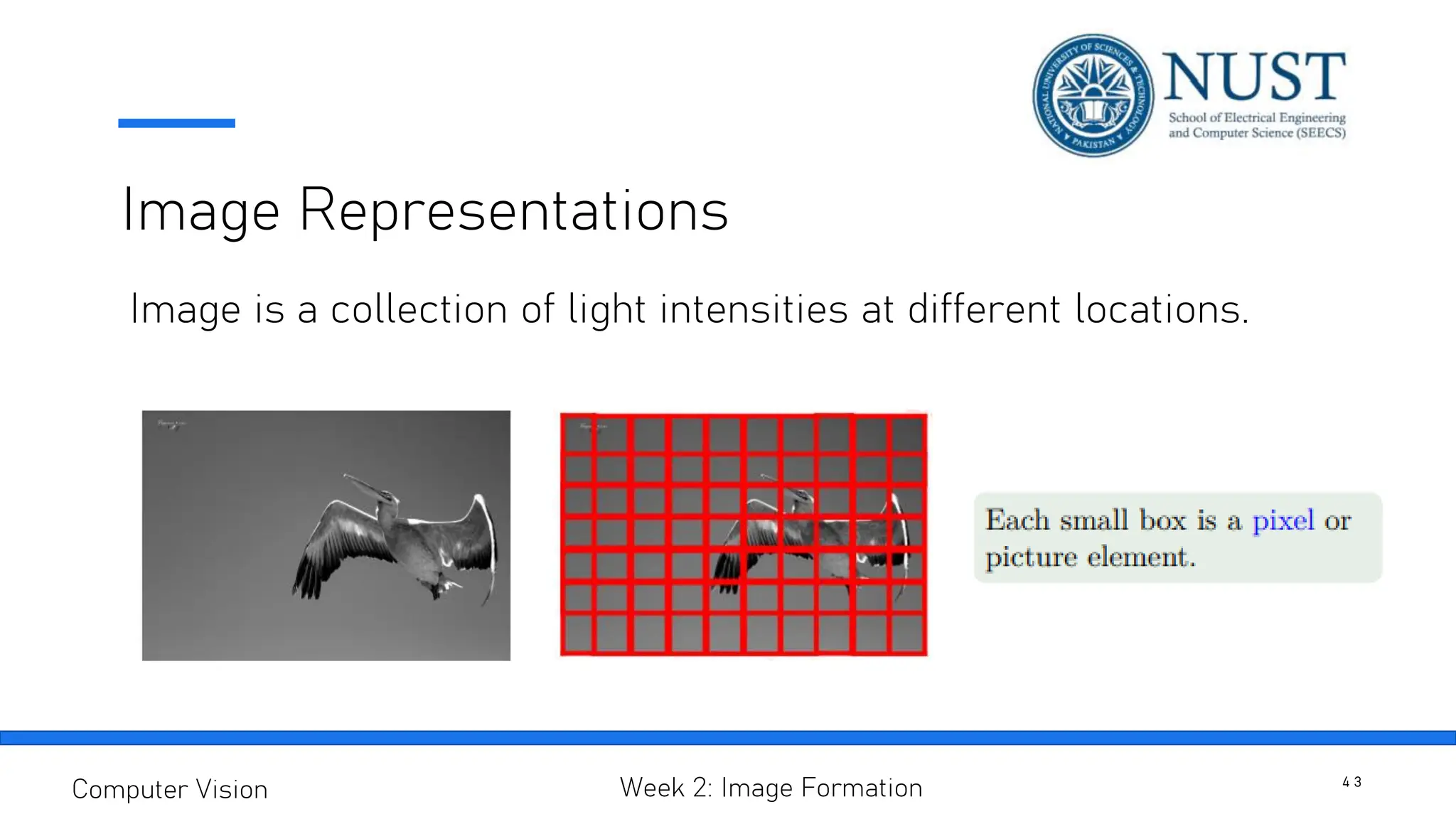 Image Representations
Image is a collection of light intensities at different locations.
4 3
Computer Vision Week 2: Image Formation
 