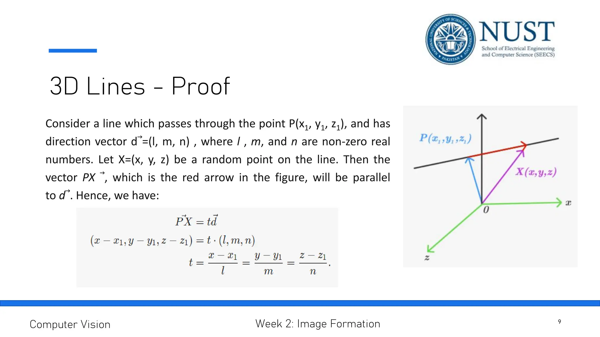3D Lines - Proof
Consider a line which passes through the point P(x1, y1, z1), and has
direction vector d⃗=(l, m, n) , where l , m, and n are non-zero real
numbers. Let X=(x, y, z) be a random point on the line. Then the
vector PX ⃗, which is the red arrow in the figure, will be parallel
to d⃗. Hence, we have:
9
Computer Vision Week 2: Image Formation
 