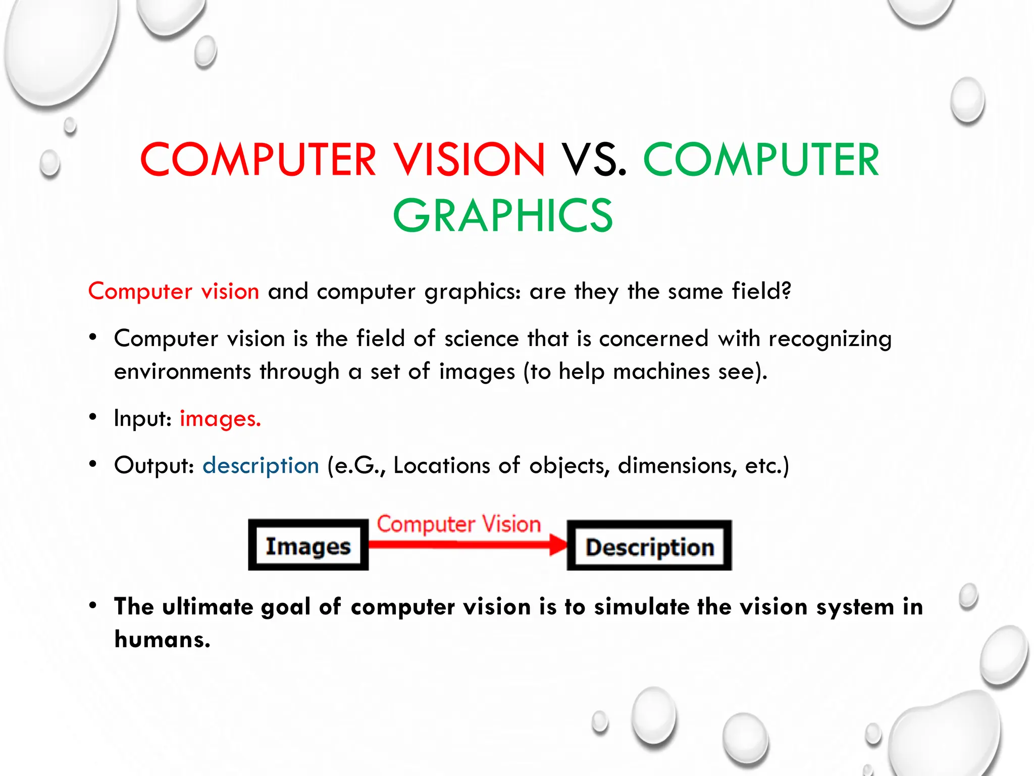 COMPUTER VISION VS. COMPUTER
GRAPHICS
Computer vision and computer graphics: are they the same field?
• Computer vision is the field of science that is concerned with recognizing
environments through a set of images (to help machines see).
• Input: images.
• Output: description (e.G., Locations of objects, dimensions, etc.)
• The ultimate goal of computer vision is to simulate the vision system in
humans.
 