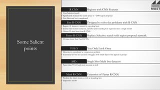 Some Salient
points
Regions with CNN FeaturesR-CNN
• Uses Selective Search
• Significantly reduced the search space to ~2000 region proposal
• Very Slow and very complicated
Designed to solve the problems with R-CNNFast R-CNN
• Region Of Interest is treated as a pooling layer
• Jointly trains feature extractor, classifier and bounding box regression into a single model
• Almost 25 time faster than R-CNN
Replace Selective search with region proposal networkFaster R-CNN
• 10 times faster than Fast R-CNN
You Only Look OnceYOLO
• Detection is considered as a regression problem
• Extremely fast but less accurate. Struggles with small objects that appear in groups
Single Shot Multi box detectorSSD
• Faster than YOLO and more accurate as well.
Extension of Faster R-CNNMask R-CNN
• Predicts the object masks as well as bounding box
• Impressive results
 