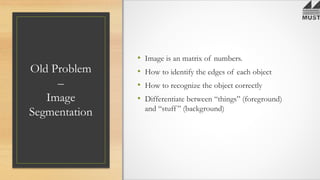 Old Problem
–
Image
Segmentation
• Image is an matrix of numbers.
• How to identify the edges of each object
• How to recognize the object correctly
• Differentiate between “things” (foreground)
and “stuff ” (background)
 
