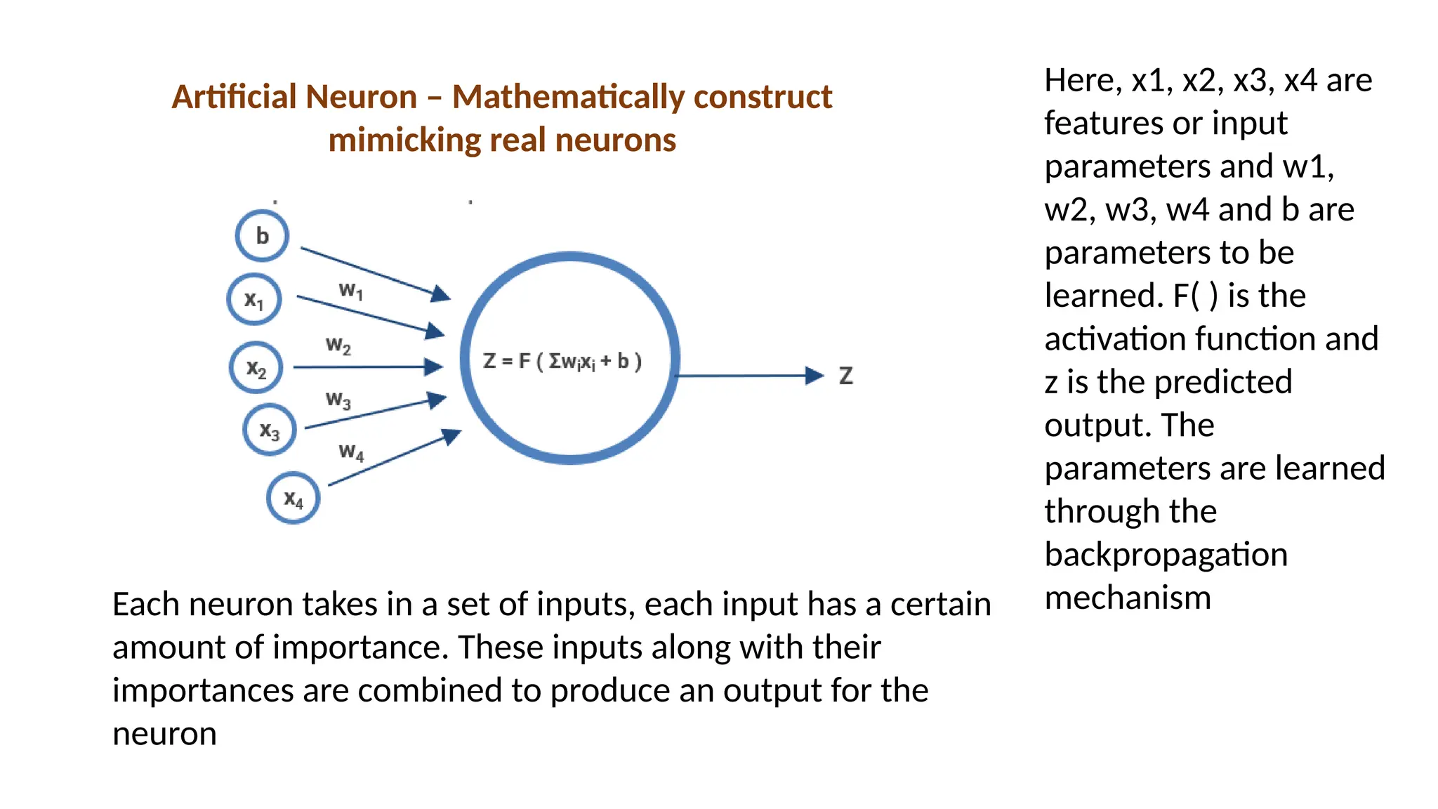 Each neuron takes in a set of inputs, each input has a certain
amount of importance. These inputs along with their
importances are combined to produce an output for the
neuron
Artificial Neuron – Mathematically construct
mimicking real neurons
Here, x1, x2, x3, x4 are
features or input
parameters and w1,
w2, w3, w4 and b are
parameters to be
learned. F( ) is the
activation function and
z is the predicted
output. The
parameters are learned
through the
backpropagation
mechanism
 