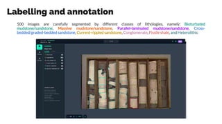Labelling and annotation
500 images are carefully segmented by different classes of lithologies, namely: Bioturbated
mudstone/sandstone, Massive mudstone/sandstone, Parallel-laminated mudstone/sandstone, Cross-
bedded/graded-bedded sandstone, Current-rippled sandstone, Conglomerate, Fissile shale, and Heterolithic
 