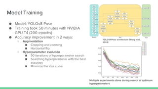 Model Training
● Model: YOLOv8-Pose
● Training took 50 minutes with NVIDIA
GPU T4 (200 epochs)
● Accuracy improvement in 2 ways:
○ Augmentation
■ Cropping and zooming
■ Horizontal flip
○ Hyperparameter evolution
■ 50 iterations of hyperparameter search
■ Searching hyperparameter with the best
accuracy
■ Minimize the loss curve
Multiple experiments done during search of optimum
hyperparameters
YOLOv8-Pose architecture (Wang et al,
2024)
 