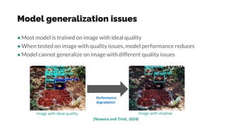 Model generalization issues
●Most model is trained on image with ideal quality
●When tested on image with quality issues, model performance reduces
●Model cannot generalize on image with different quality issues
Image with ideal quality Image with shadow
Performance
degradation
(Nuwara and Trinh, 2024)
 