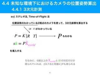 P = K [R T]
s ˜u = P ˜Xworld
[R T]
P
Xworld u
40
 