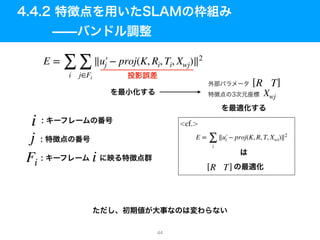 E =
∑
i
∑
j∈Fi
∥u′j − proj(K, Ri, Ti, Xwj)∥2
i
j
Fi i
[R T]
Xwj
E =
∑
i
∥u′i − proj(K, R, T, Xwi)∥2
[R T]
<cf.>
44
 