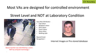 18
Street Level and NOT at Laboratory Condition
Internet Images or Pre-stored database
Most VAs are designed for controlled environment
Use other Attributes:-
• Cap Colour
• Backpack colour
• Shirt colour
• Pants Colour
• Shoe colour
• Walking style
Beyond Facial
Recognition !
Boston bomber was identified by a victim.
NOT by computer technology !
CV Accuracy
 