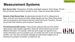 3
Two-dimensional (2D) camera: These sensors captures data over time frames.
Using various video analytics algorithms, these 2D camera sensors can provide
different information. For example, within the same image, the algorithms can
extract information such as (i) people count, (ii) number and color of cars (iii) lighting
condition, etc. Over time, processed metadata can yield further insights such as
tracking of (iv) people’s movement, (v) dwell time, etc.
Measurement
Measurement Systems
Slow Sensor Data: Temperature, Humidity, Hydrostatic pressure, Strain Gauge, Tilt and
Infra-red sensors acquire data in minutes or hours. These are Quasi-static sensors.
Dynamic (Fast) Sensor Data: Accelerometer provides G m/s2 in milliseconds or
faster. Acoustic sound sensor provides voltage signals over time. When these sensor
data are processed in the Frequency Domain using Fast Fourier Transform, the data
can provide Peak Vibration Level at various Frequencies.
 
