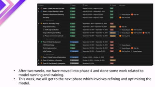 • After two weeks, we have moved into phase 4 and done some work related to
model running and training.
• This week, we will get to the next phase which involves refining and optimizing the
model.
 
