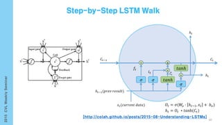 ℎ 𝑡−1(𝑝𝑟𝑒𝑣 𝑟𝑒𝑠𝑢𝑙𝑡)
𝜎
𝑥 𝑡(𝑐𝑢𝑟𝑟𝑒𝑛𝑡 𝑑𝑎𝑡𝑎)
𝐶𝑡−1 𝐶𝑡
𝑂𝑡 = 𝜎(𝑊𝑜 ∙ ℎ 𝑡−1, 𝑥 𝑡 + 𝑏 𝑜)
𝜎
𝑓𝑡
𝑖 𝑡
𝑡𝑎𝑛ℎ
𝐶𝑡
ⅹ
+ⅹ
𝜎
ⅹ
𝑡𝑎𝑛ℎ
ℎ 𝑡
ℎ 𝑡
ℎ 𝑡 = 𝑂𝑡 ∗ 𝑡𝑎nh(𝐶𝑡)
60
[http://colah.github.io/posts/2015-08-Understanding-LSTMs]
 