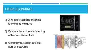 1) A host of statistical machine
learning techniques
2) Enables the automatic learning
of feature hierarchies
3) Generally based on artificial
neural networks
DEEP LEARNING
 