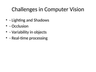 Challenges in Computer Vision
• - Lighting and Shadows
• - Occlusion
• - Variability in objects
• - Real-time processing
 