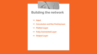Building the network
➔ Input
➔ Convolution and Max Pooling layer
➔ Flatten Layer
➔ Fully Connected Layer
➔ Output Layer
 