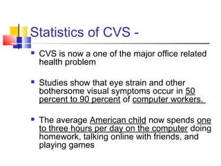 Statistics of CVS -
 CVS is now a one of the major office related
health problem
 Studies show that eye strain and other
bothersome visual symptoms occur in 50
percent to 90 percent of computer workers.
 The average American child now spends one
to three hours per day on the computer doing
homework, talking online with friends, and
playing games
 