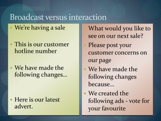 Broadcast versus interaction
 We’re having a sale     What would you like to
                           see on our next sale?
 This is our customer    Please post your
 hotline number            customer concerns on
                           our page
 We have made the        We have made the
 following changes…        following changes
                           because…
                          We created the
 Here is our latest       following ads - vote for
 advert.                   your favourite
 