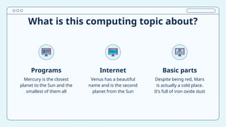 Venus has a beautiful
name and is the second
planet from the Sun
Mercury is the closest
planet to the Sun and the
smallest of them all
Programs Internet
Despite being red, Mars
is actually a cold place.
It’s full of iron oxide dust
Basic parts
What is this computing topic about?
 