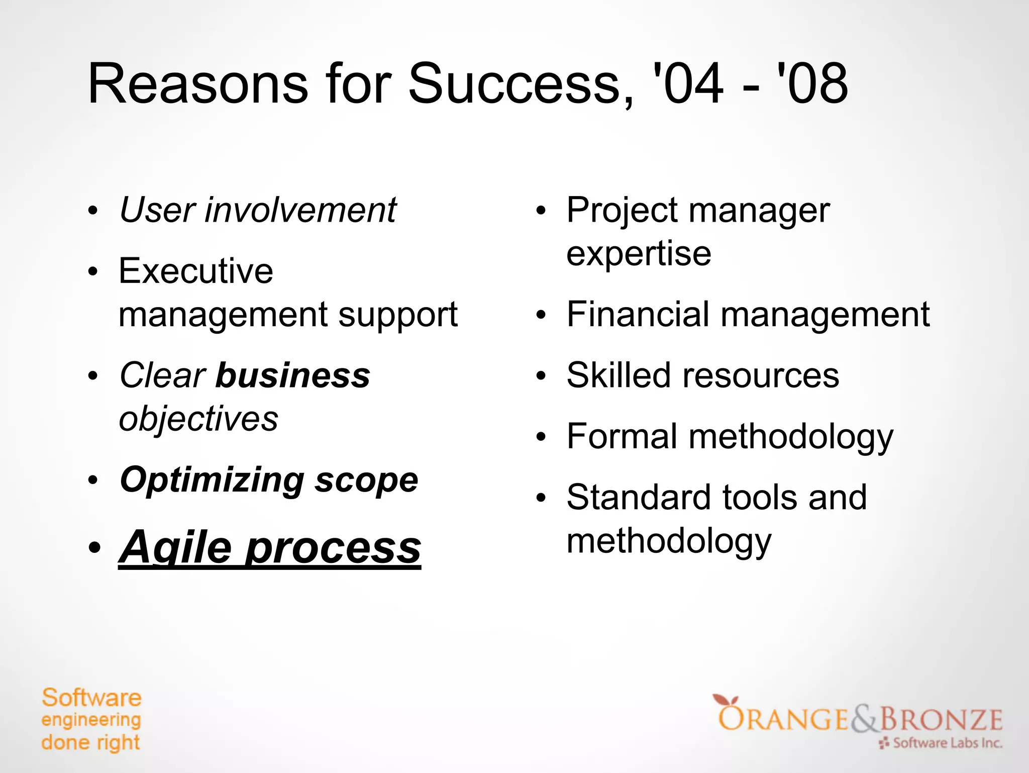 Reasons for Success, '04 - '08

• User involvement     • Project manager
• Executive              expertise
  management support   • Financial management
• Clear business       • Skilled resources
  objectives           • Formal methodology
• Optimizing scope     • Standard tools and
• Agile process          methodology
 