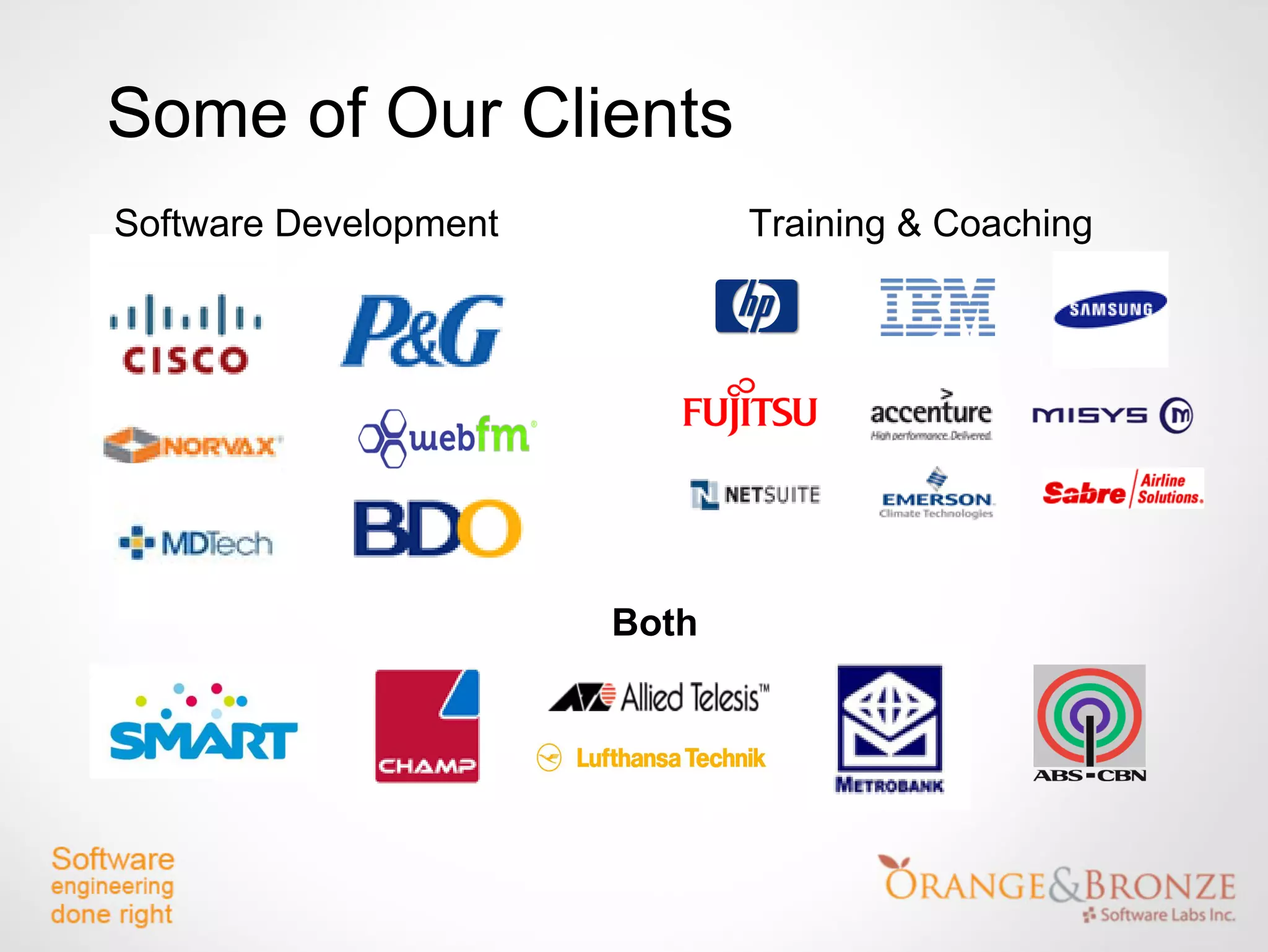 Some of Our Clients
Software Development          Training & Coaching




                       Both
 