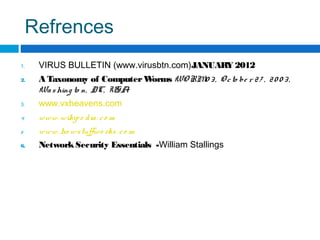Refrences
1. VIRUS BULLETIN (www.virusbtn.com)JANUARY 2012
2. A Taxonomy of ComputerWorms WO RM’0 3, O cto be r 27 , 20 0 3,
Washing to n, DC, USA.
3. www.vxheavens.com
4. www. wikipe dia. co m
5. www. ho wstuffwo rks. co m
6. NetworkSecurity Essentials -William Stallings
 