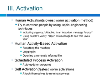 III. Activation
 Human Activation(slowest worm activation method)
 Try to convince people by using social engineering
techniques
 Indicating urgency, “Attached is an important message for you”
 Using people’s vanity, “Open this message to see who loves
you”
 Human Activity-Based Activation
 Resetting the machine
 Logging in
 Opening a remotely infected file
 Scheduled Process Activation
 Auto-updater programs
 Self Activation(fastest worm activation)
 Attach themselves to running services
 