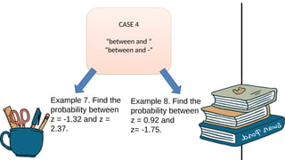 CASE 4
“between and ”
“between and -”
Example 7. Find the
probability between
z = -1.32 and z =
2.37.
Example 8. Find the
probability between
z = 0.92 and
z= -1.75.
 