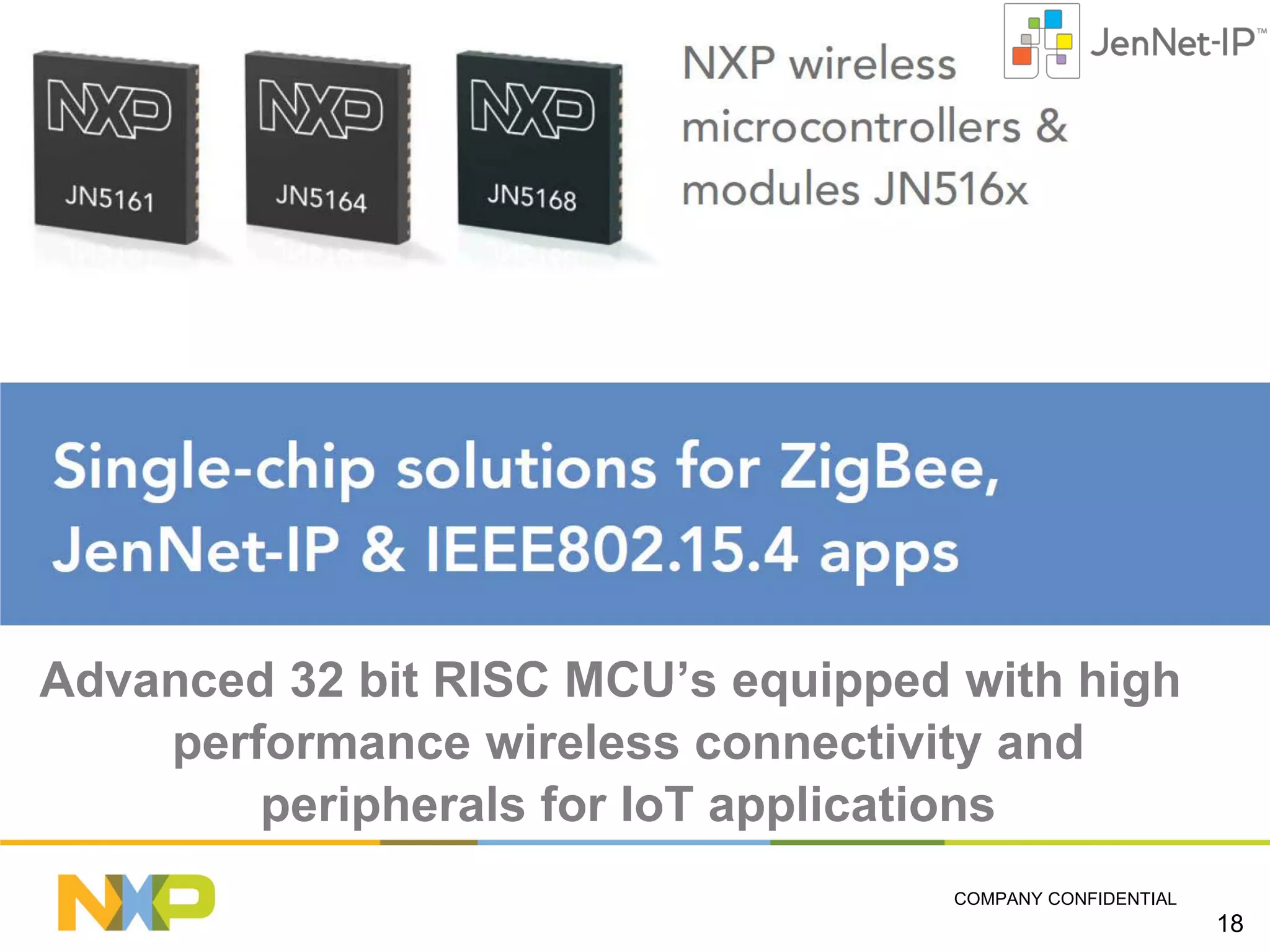 Advanced 32 bit RISC MCU’s equipped with high
performance wireless connectivity and
peripherals for IoT applications
COMPANY CONFIDENTIAL

18

 