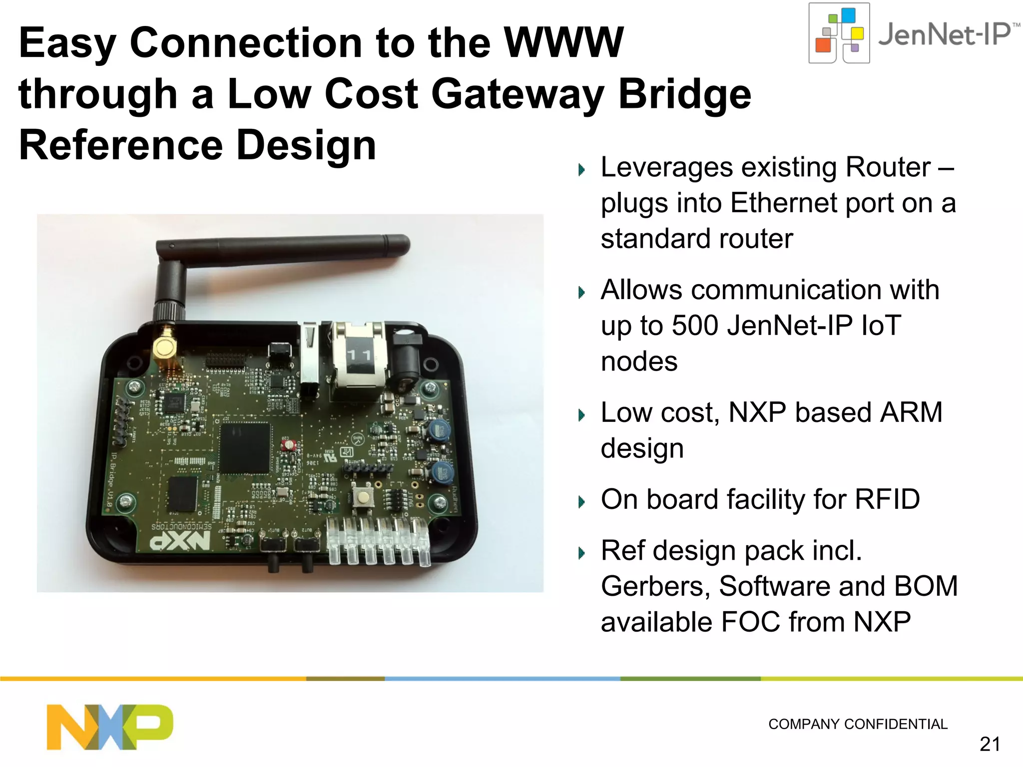 Easy Connection to the WWW
through a Low Cost Gateway Bridge
Reference Design
Leverages existing Router –
plugs into Ethernet port on a
standard router
Allows communication with
up to 500 JenNet-IP IoT
nodes
Low cost, NXP based ARM
design
On board facility for RFID
Ref design pack incl.
Gerbers, Software and BOM
available FOC from NXP

COMPANY CONFIDENTIAL

21

 
