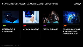 10 | AMD @ COMPUTEX 2015 | JUNE 3, 2015
DIGITAL SIGNAGENOTEBOOKS &
ALL-IN-ONES
NEW AMD SoC REPRESENTS A MULTI-MARKET OPPORTUNITY
MEDICAL IMAGING COMMUNICATIONS
& NETWORKING
INFRASTRUCTURE
 