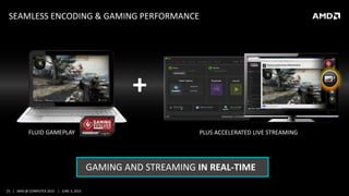25 | AMD @ COMPUTEX 2015 | JUNE 3, 2015
SEAMLESS ENCODING & GAMING PERFORMANCE
FLUID GAMEPLAY PLUS ACCELERATED LIVE STREAMING
+
GAMING AND STREAMING IN REAL-TIME
 