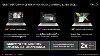 26 | AMD @ COMPUTEX 2015 | JUNE 3, 2015
GREAT PERFORMANCE FOR INNOVATIVE COMPUTING EXPERIENCES
*4 CPU + 8 GPU. See amd.com/ComputeCores for details.
Effortlessly manage videos using HSA
accelerated face recognition
AMD LOOKING GLASS COMPUTE PERFORMANCE
Hands free computing using
compute cores
AMD GESTURE CONTROL
Up to 12compute cores* to
power through heavy workloads
INNOVATIVE TECHNOLOGIES
ENABLING BETTER EXPERIENCES
INCREDIBLE PERFORMANCE
FOR MODERN WORKLOADS
THE
BATTERY
LIFE2x
 