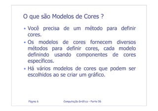 Computação Gráfica – Parte 06Página 6
O que são Modelos de Cores ?
• Você precisa de um método para definir
cores.
• Os modelos de cores fornecem diversos
métodos para definir cores, cada modelo
definindo usando componentes de cores
específicos.
• Há vários modelos de cores que podem ser
escolhidos ao se criar um gráfico.
 