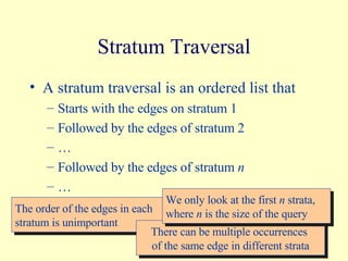 Stratum Traversal A stratum traversal is an ordered list that Starts with the edges on stratum 1 Followed by the edges of stratum 2 … Followed by the edges of stratum  n … The order of the edges in each stratum is unimportant There can be multiple occurrences  of the same edge in different strata We only look at the first  n  strata, where  n  is the size of the query 