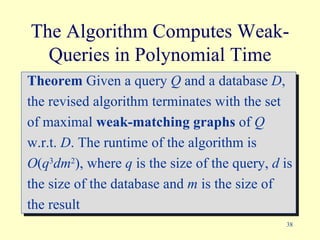 The Algorithm Computes Weak-Queries in Polynomial Time Theorem  Given a query  Q  and a database  D ,  the revised algorithm terminates with the set  of maximal  weak-matching graphs  of  Q   w.r.t.  D . The runtime of the algorithm is  O ( q 3 dm 2 ), where  q  is the size of the query,  d  is  the size of the database and  m  is the size of  the result  