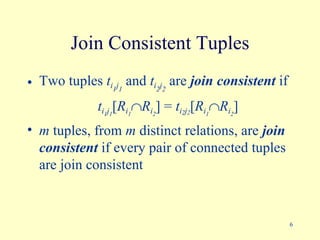 Join Consistent Tuples Two tuples  t i 1 j 1  and  t i 2 j 2  are  join consistent  if  t i 1 j 1 [ R i 1  R i 2 ] =  t i 2 j 2 [ R i 1  R i 2 ] m  tuples, from  m  distinct relations, are  join consistent  if every pair of connected tuples are join consistent 