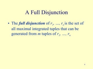 A Full Disjunction The  full disjunction  of  r 1 , …, r n  i s the set of all maximal integrated tuples that can be generated from  m  tuples of  r 1 , …, r n  