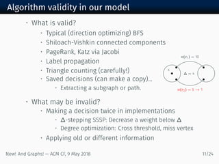 Algorithm validity in our model
s
w(e ) =
w(e ) = →
∆ =
• What is valid?
• Typical (direction optimizing) BFS
• Shiloach-Vishkin connected components
• PageRank, Katz via Jacobi
• Label propagation
• Triangle counting (carefully!)
• Saved decisions (can make a copy)...
• Extracting a subgraph or path.
• What may be invalid?
• Making a decision twice in implementations
• ∆-stepping SSSP: Decrease a weight below ∆
• Degree optimization: Cross threshold, miss vertex
• Applying old or different information
New! And Graphs! — ACM CF, May /
 