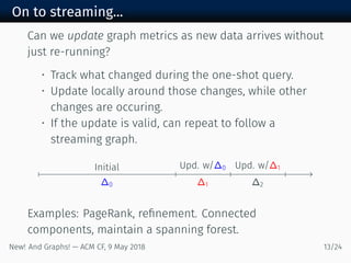 On to streaming...
Can we update graph metrics as new data arrives without
just re-running?
• Track what changed during the one-shot query.
• Update locally around those changes, while other
changes are occuring.
• If the update is valid, can repeat to follow a
streaming graph.
Initial
∆
Upd. w/∆
∆
Upd. w/∆
∆
Examples: PageRank, reﬁnement. Connected
components, maintain a spanning forest.
New! And Graphs! — ACM CF, May /
 