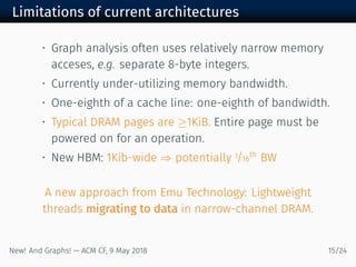 Limitations of current architectures
• Graph analysis often uses relatively narrow memory
acceses, e.g. separate -byte integers.
• Currently under-utilizing memory bandwidth.
• One-eighth of a cache line: one-eighth of bandwidth.
• Typical DRAM pages are ≥ KiB. Entire page must be
powered on for an operation.
• New HBM: Kib-wide ⇒ potentially / th
BW
A new approach from Emu Technology: Lightweight
threads migrating to data in narrow-channel DRAM.
New! And Graphs! — ACM CF, May /
 