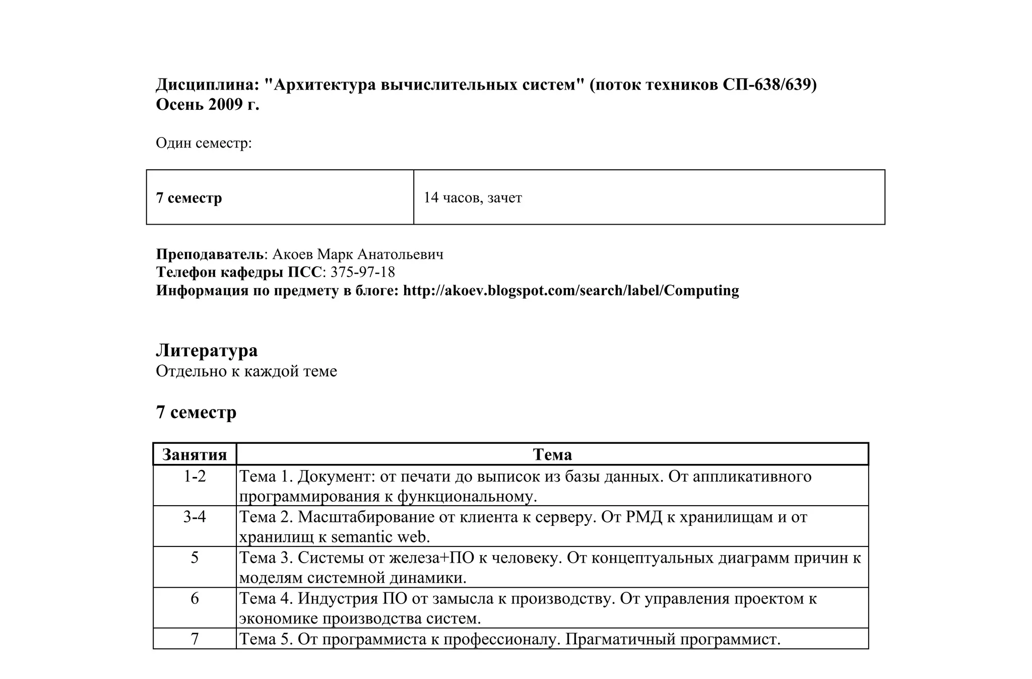 Дисциплина: "Архитектура вычислительных систем" (поток техников СП-638/639)
Осень 2009 г.

Один семестр:


7 семестр                           14 часов, зачет


Преподаватель: Акоев Марк Анатольевич
Телефон кафедры ПСС: 375-97-18
Информация по предмету в блоге: http://akoev.blogspot.com/search/label/Computing


Литература
Отдельно к каждой теме

7 семестр

Занятия                                      Тема
  1-2   Тема 1. Документ: от печати до выписок из базы данных. От аппликативного
        программирования к функциональному.
  3-4   Тема 2. Масштабирование от клиента к серверу. От РМД к хранилищам и от
        хранилищ к semantic web.
   5    Тема 3. Системы от железа+ПО к человеку. От концептуальных диаграмм причин к
        моделям системной динамики.
   6    Тема 4. Индустрия ПО от замысла к производству. От управления проектом к
        экономике производства систем.
   7    Тема 5. От программиста к профессионалу. Прагматичный программист.
 