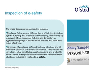Inspecting computing
The grade descriptor for outstanding includes:
Pupils are fully aware of different forms of bullying, including
cyber-bullying and prejudice-based bullying, and actively try
to prevent it from occurring. Bullying and derogatory or
aggressive language in all their forms are rare and dealt with
highly effectively.
All groups of pupils are safe and feel safe at school and at
alternative provision placements at all times. They understand
very clearly what constitutes unsafe situations and are highly
aware of how to keep themselves and others safe in different
situations, including in relation to e-safety.
Inspection of e-safety
 