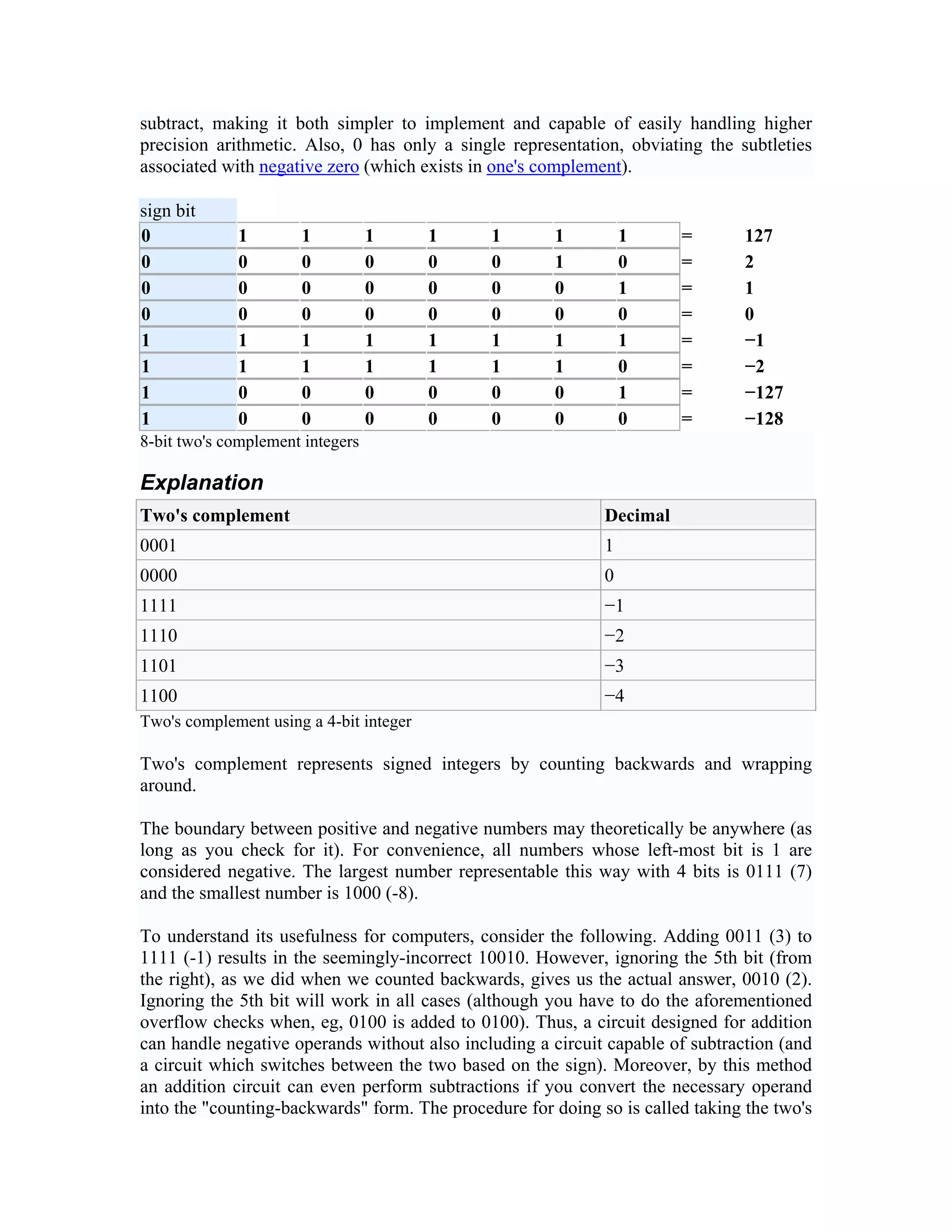 subtract, making it both simpler to implement and capable of easily handling higher
precision arithmetic. Also, 0 has only a single representation, obviating the subtleties
associated with negative zero (which exists in one's complement).

sign bit
0            1        1           1      1    1       1          1     =        127
0            0        0           0      0    0       1          0     =        2
0            0        0           0      0    0       0          1     =        1
0            0        0           0      0    0       0          0     =        0
1            1        1           1      1    1       1          1     =        −1
1            1        1           1      1    1       1          0     =        −2
1            0        0           0      0    0       0          1     =        −127
1            0        0           0      0    0       0          0     =        −128
8-bit two's complement integers

Explanation
Two's complement                                             Decimal
0001                                                         1
0000                                                         0
1111                                                         −1
1110                                                         −2
1101                                                         −3
1100                                                         −4
Two's complement using a 4-bit integer

Two's complement represents signed integers by counting backwards and wrapping
around.

The boundary between positive and negative numbers may theoretically be anywhere (as
long as you check for it). For convenience, all numbers whose left-most bit is 1 are
considered negative. The largest number representable this way with 4 bits is 0111 (7)
and the smallest number is 1000 (-8).

To understand its usefulness for computers, consider the following. Adding 0011 (3) to
1111 (-1) results in the seemingly-incorrect 10010. However, ignoring the 5th bit (from
the right), as we did when we counted backwards, gives us the actual answer, 0010 (2).
Ignoring the 5th bit will work in all cases (although you have to do the aforementioned
overflow checks when, eg, 0100 is added to 0100). Thus, a circuit designed for addition
can handle negative operands without also including a circuit capable of subtraction (and
a circuit which switches between the two based on the sign). Moreover, by this method
an addition circuit can even perform subtractions if you convert the necessary operand
into the "counting-backwards" form. The procedure for doing so is called taking the two's
 