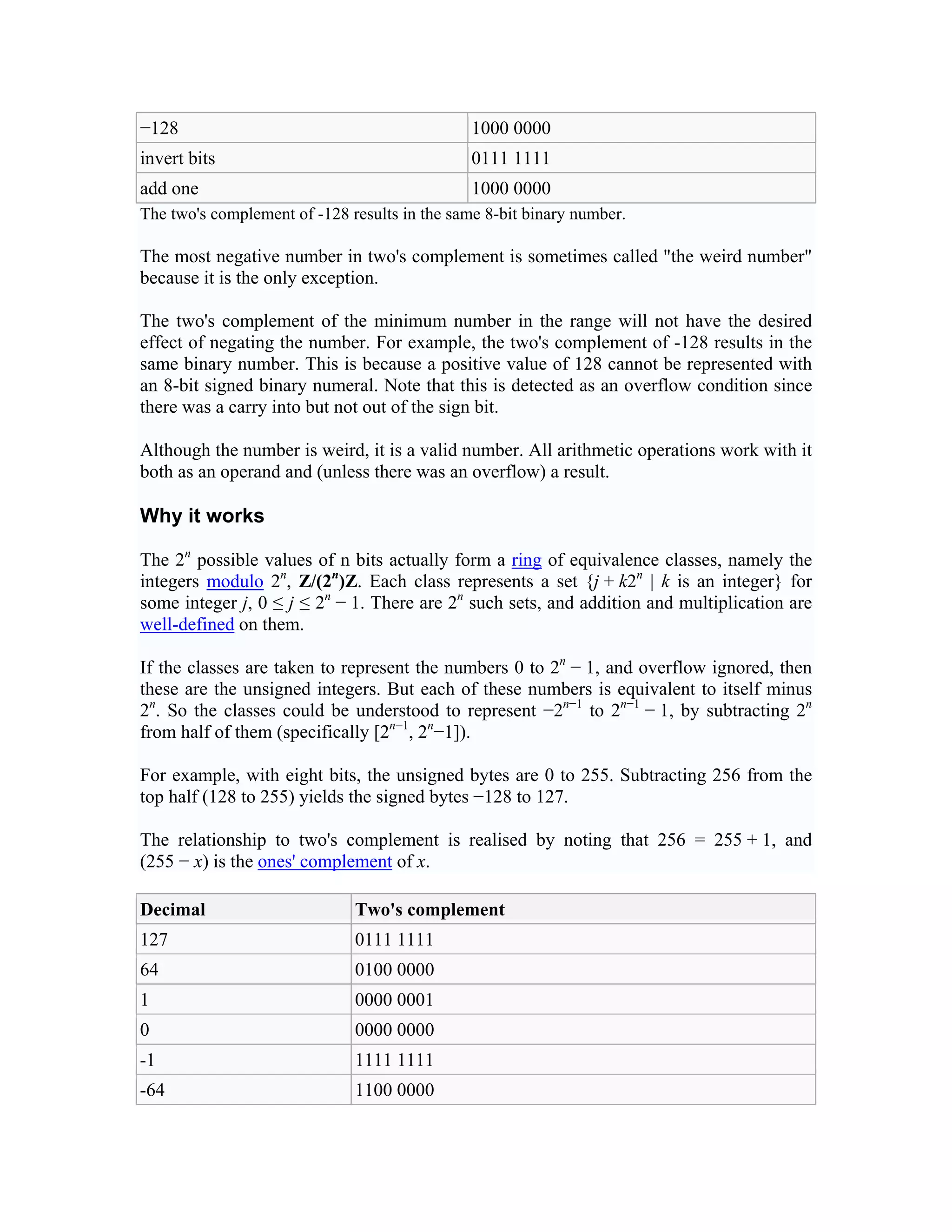 −128                                           1000 0000
invert bits                                    0111 1111
add one                                        1000 0000
The two's complement of -128 results in the same 8-bit binary number.

The most negative number in two's complement is sometimes called "the weird number"
because it is the only exception.

The two's complement of the minimum number in the range will not have the desired
effect of negating the number. For example, the two's complement of -128 results in the
same binary number. This is because a positive value of 128 cannot be represented with
an 8-bit signed binary numeral. Note that this is detected as an overflow condition since
there was a carry into but not out of the sign bit.

Although the number is weird, it is a valid number. All arithmetic operations work with it
both as an operand and (unless there was an overflow) a result.

Why it works

The 2n possible values of n bits actually form a ring of equivalence classes, namely the
integers modulo 2n, Z/(2n)Z. Each class represents a set {j + k2n | k is an integer} for
some integer j, 0 ≤ j ≤ 2n − 1. There are 2n such sets, and addition and multiplication are
well-defined on them.

If the classes are taken to represent the numbers 0 to 2n − 1, and overflow ignored, then
these are the unsigned integers. But each of these numbers is equivalent to itself minus
2n. So the classes could be understood to represent −2n−1 to 2n−1 − 1, by subtracting 2n
from half of them (specifically [2n−1, 2n−1]).

For example, with eight bits, the unsigned bytes are 0 to 255. Subtracting 256 from the
top half (128 to 255) yields the signed bytes −128 to 127.

The relationship to two's complement is realised by noting that 256 = 255 + 1, and
(255 − x) is the ones' complement of x.

Decimal                       Two's complement
127                           0111 1111
64                            0100 0000
1                             0000 0001
0                             0000 0000
-1                            1111 1111
-64                           1100 0000
 