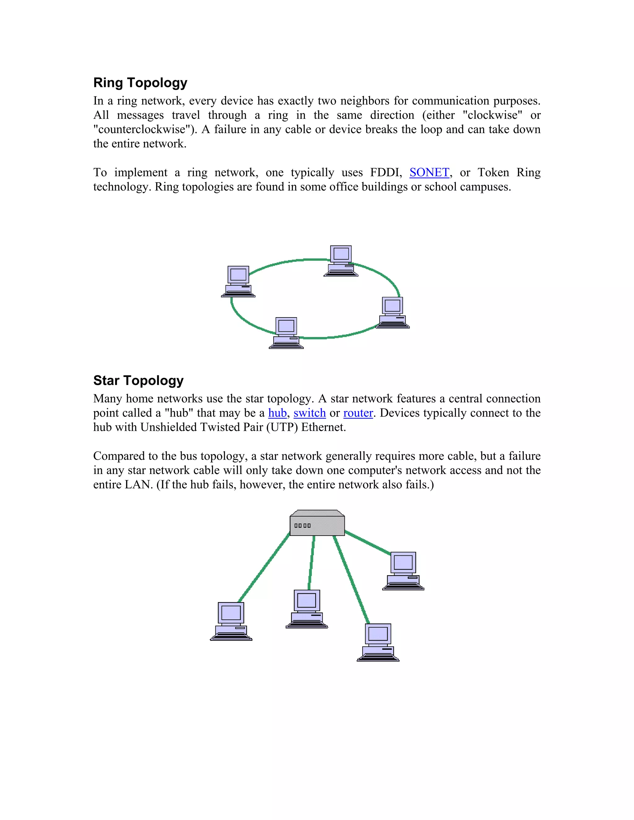 Ring Topology
In a ring network, every device has exactly two neighbors for communication purposes.
All messages travel through a ring in the same direction (either "clockwise" or
"counterclockwise"). A failure in any cable or device breaks the loop and can take down
the entire network.

To implement a ring network, one typically uses FDDI, SONET, or Token Ring
technology. Ring topologies are found in some office buildings or school campuses.




Star Topology
Many home networks use the star topology. A star network features a central connection
point called a "hub" that may be a hub, switch or router. Devices typically connect to the
hub with Unshielded Twisted Pair (UTP) Ethernet.

Compared to the bus topology, a star network generally requires more cable, but a failure
in any star network cable will only take down one computer's network access and not the
entire LAN. (If the hub fails, however, the entire network also fails.)
 