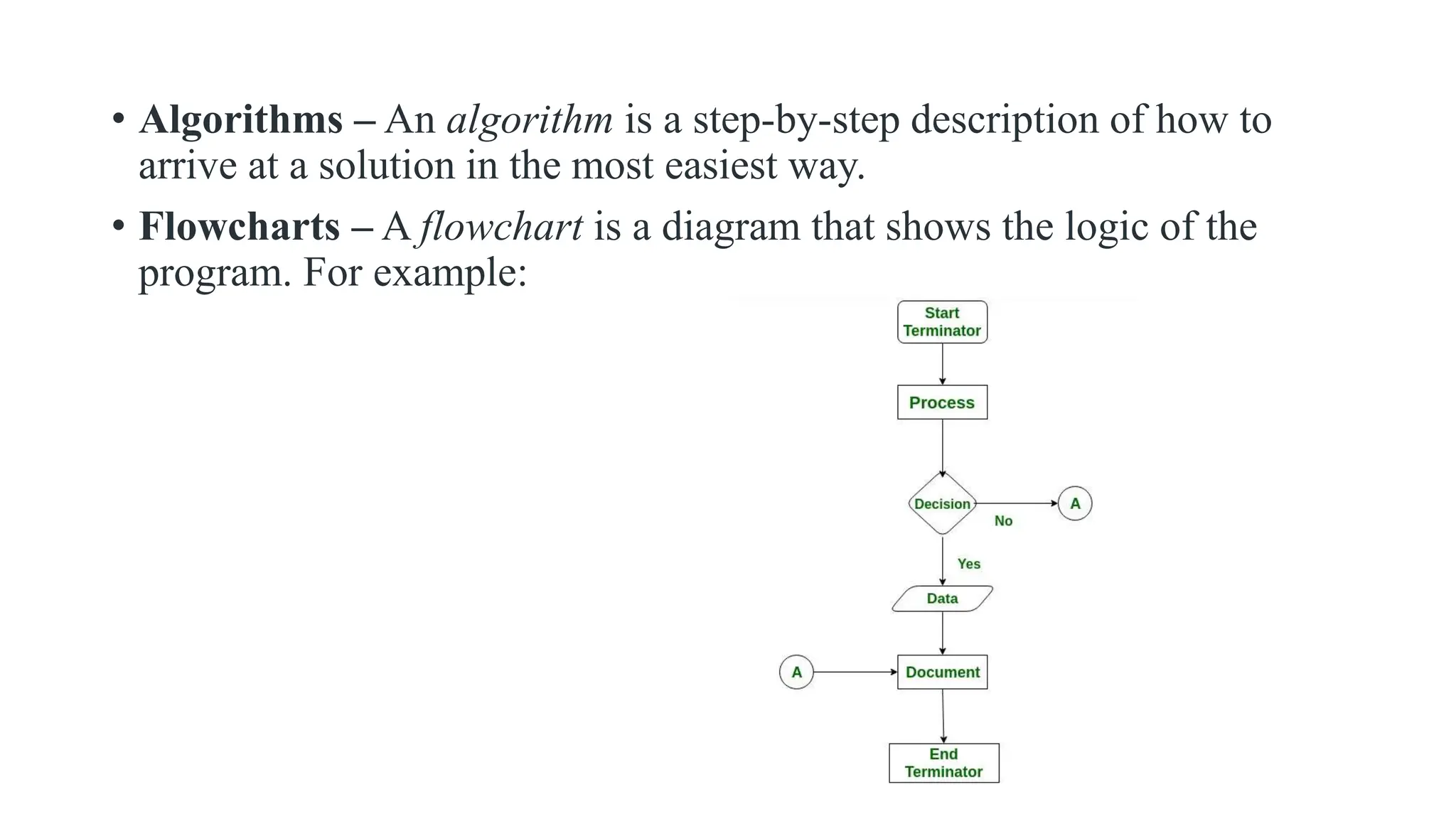 • Algorithms – An algorithm is a step-by-step description of how to
arrive at a solution in the most easiest way.
• Flowcharts – A flowchart is a diagram that shows the logic of the
program. For example:
 
